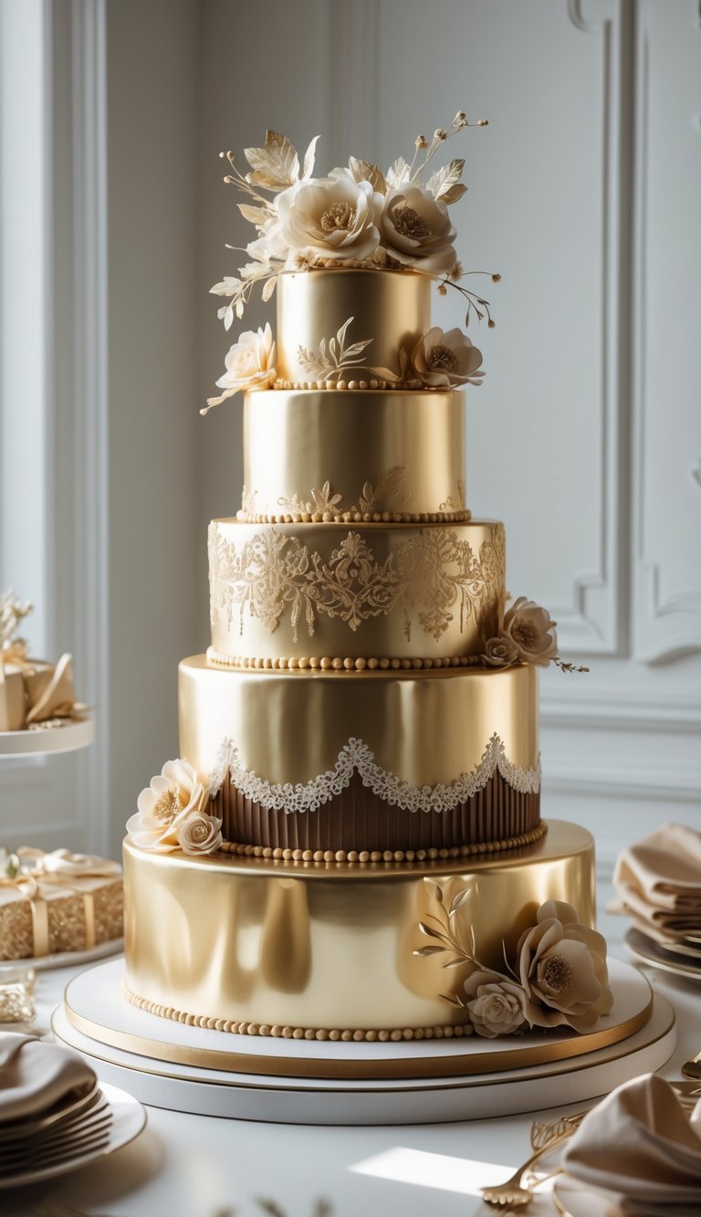 A multi-tiered gold wedding cake decorated with brown and gold details on a neutral background.